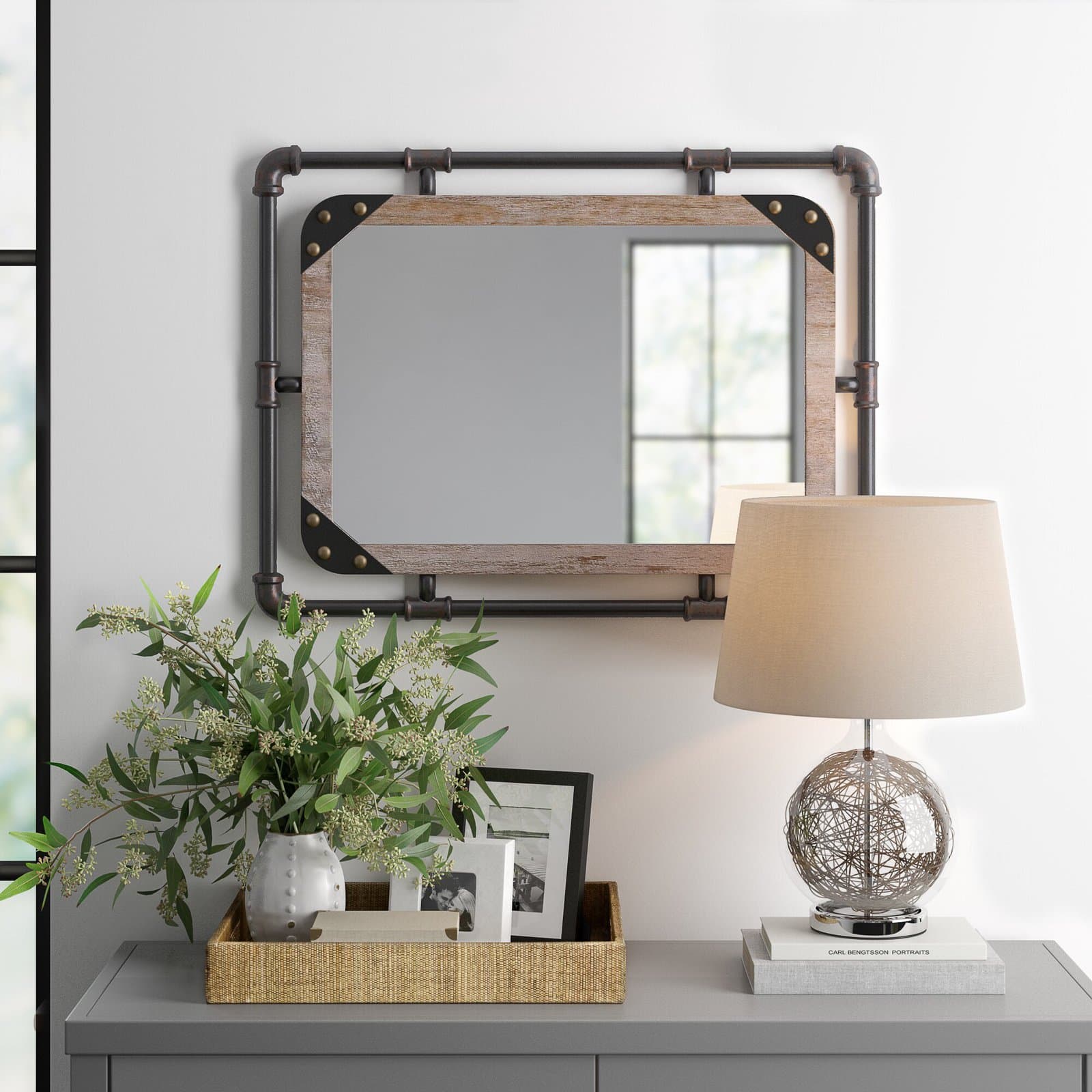 Wood and Metal Industrial Wall Mirror