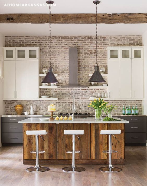 brick backsplash sacked with mortar for a whitewashed look