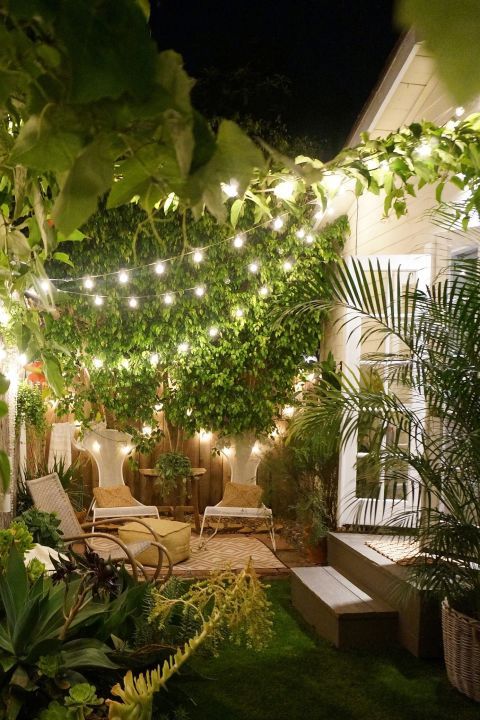 tiny patio with string lights