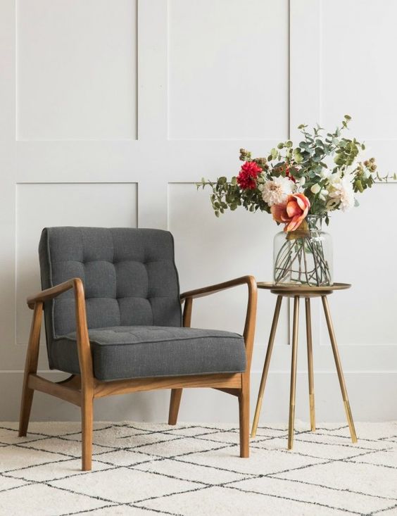 Mid-Century Button-and-Stud Linen Armchair